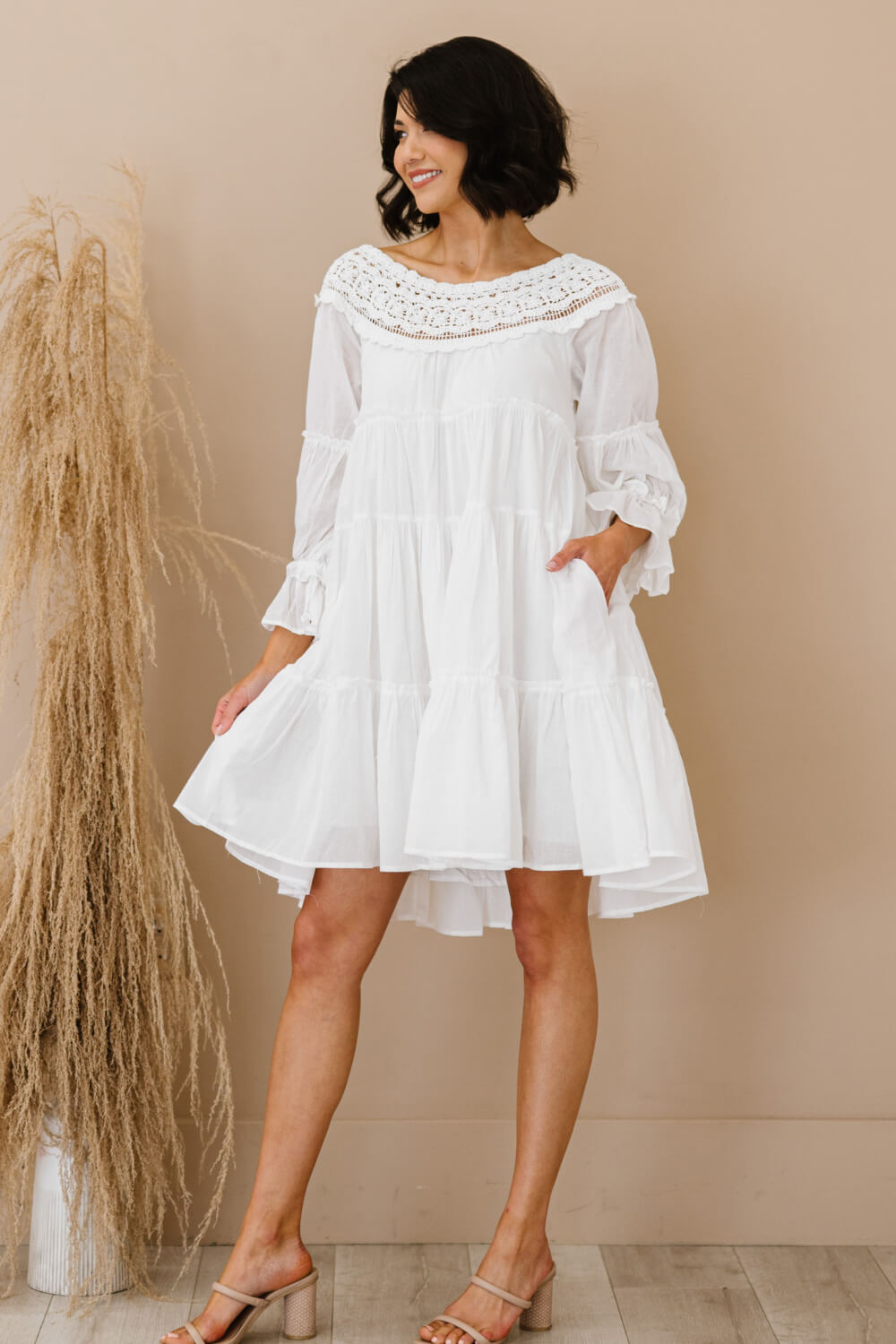 Sweet Long Sleeves Tiered Crochet Trim Dress