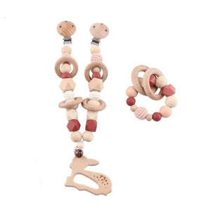 Baby Deer Wooden, Crochet & Silicone Baby Teether Toy Set (2pcs Stroller Clip and Bracelet)