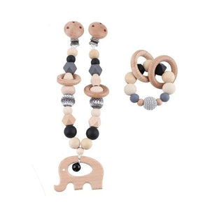 Elephant Wooden & Silicone Baby Stroller Clip & Bracelet Raddle (2Pcs Set)