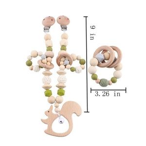 Green Squirrel Wooden & Silicone Baby Teether - Stroller Clip and Bracelet Toy Set (2Pcs)