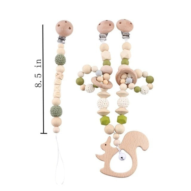 Green Squirrel - Wooden & Silicone Baby Teether - Stroller and Pacifier Clips 2Pcs Set