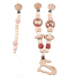 Baby Deer - Wooden, Crochet & Food Grade Silicone Beads Baby Teether Toy - Pacifier and Stroller Teether Clip Chain  Set (2)