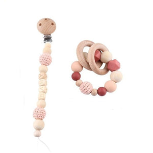 Red Wooden, Crochet & Food Grade Silicone Beads Baby Teether Toy - Pacifier Clip Chain and Teether Set (2)