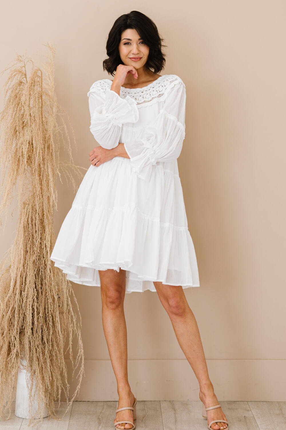 Sweet Long Sleeves Tiered Crochet Trim Dress