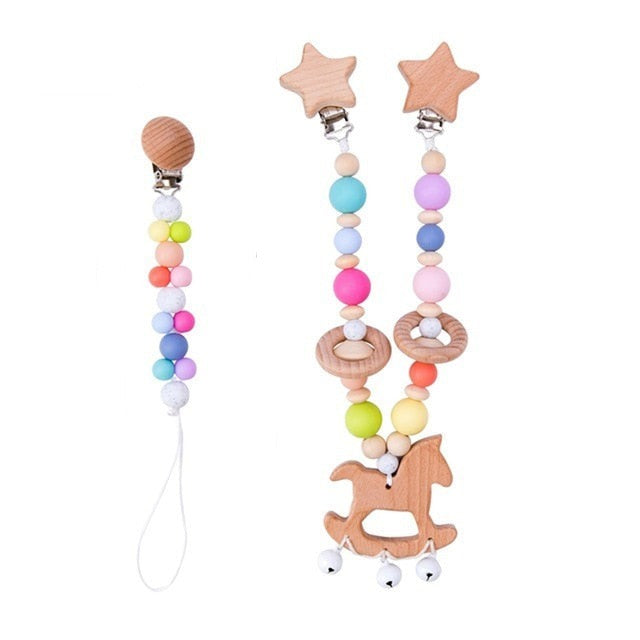 Horsy - Wooden & Silicone Baby Teether Toy - Stroller and pacifier clip Set (2)