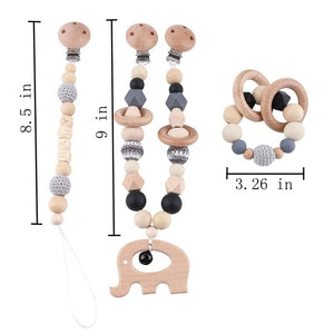 Elephant - Wooden & Food Grade Silicone Baby Teether Toy Set (3 Pcs Set)