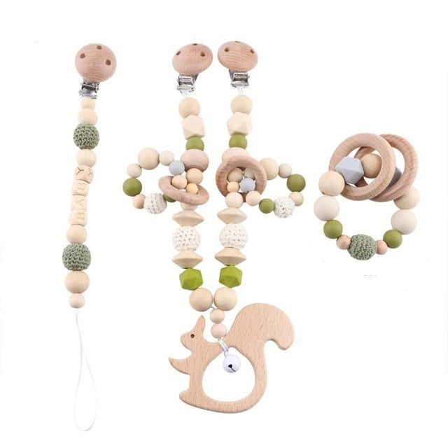 Baby Squirrel - Wooden, Crochet & Silicone Beads Baby Teether Toy - Stroller Clip, Pacifier Clip and Bracelet Toy Set (3)