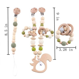 Baby Squirrel - Wooden, Crochet & Silicone Beads Baby Teether Toy - Stroller Clip, Pacifier Clip and Bracelet Toy Set (3)