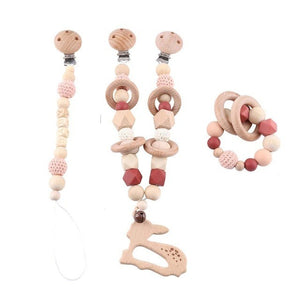 Baby Deer - Wooden, Crochet & Food Grade Silicone Beads Baby Teether Toy Stroller Clip, Pacifier Clip and Bracelet Toy Set (3)