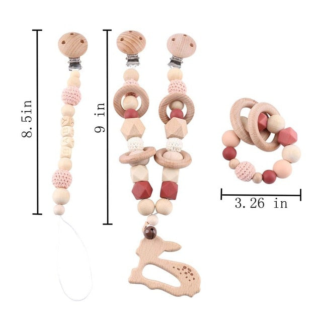 Baby Deer - Wooden, Crochet & Food Grade Silicone Beads Baby Teether Toy Stroller Clip, Pacifier Clip and Bracelet Toy Set (3)