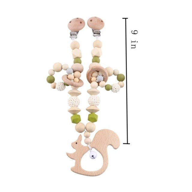 Baby Squirrel - Wooden, Crochet & Silicone Beads Baby Teether Toy - Stroller Clip, Pacifier Clip and Bracelet Toy Set (3)