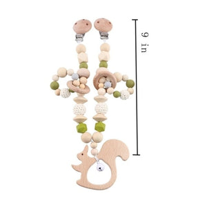 Baby Squirrel - Wooden, Crochet & Silicone Beads Baby Teether Toy - Stroller Clip, Pacifier Clip and Bracelet Toy Set (3)