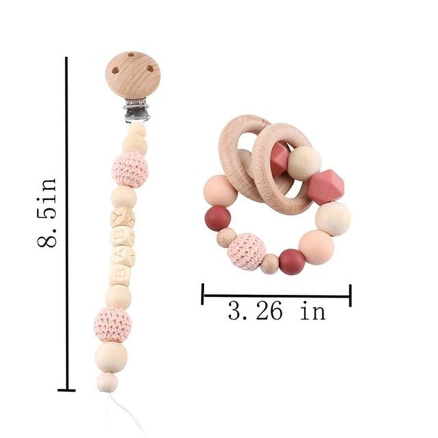 Red Wooden, Crochet & Food Grade Silicone Beads Baby Teether Toy - Pacifier Clip Chain and Teether Set (2)