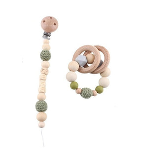 Green - Wooden, Crochet & Silicone Beads - Pacifier Clip and Teether Set (2Pcs)