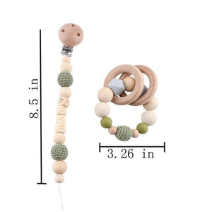 Baby Squirrel - Wooden, Crochet & Silicone Beads Baby Teether Toy - Stroller Clip, Pacifier Clip and Bracelet Toy Set (3)