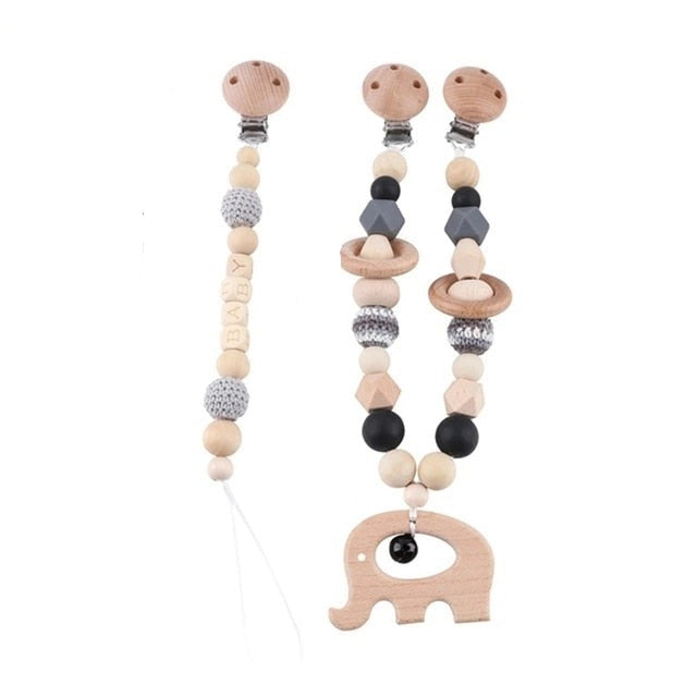 Baby Elephant - Wooden, Crochet & Food Grade Silicone Beads Baby Teether Toy - Pacifier and Stroller Teether Clip Chain  Set (2)