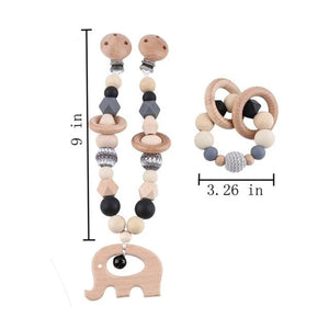 Elephant Wooden & Silicone Baby Stroller Clip & Bracelet Raddle (2Pcs Set)