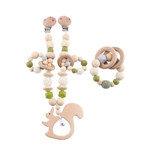 Green Squirrel Wooden & Silicone Baby Teether - Stroller Clip and Bracelet Toy Set (2Pcs)