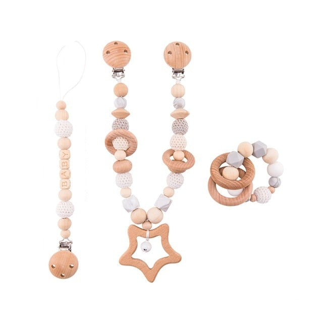 Elephant - Wooden & Food Grade Silicone Baby Teether Toy Set (3 Pcs Set)