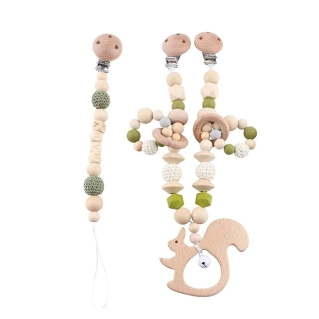 Green Squirrel - Wooden & Silicone Baby Teether - Stroller and Pacifier Clips 2Pcs Set