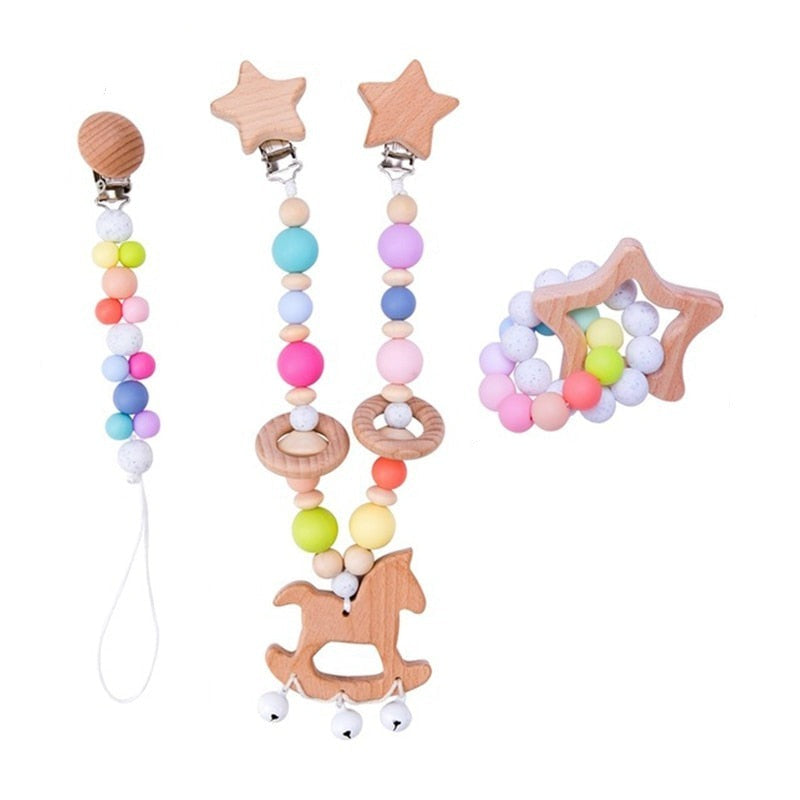 Horsy Wooden & Food Grade Silicone Baby Teether Toy - Stroller, bracelet and pacifier clip set (3 Pcs)