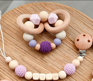 Lelaita - Wooden, Crochet & Silicone Beads Baby Teether Toy - Pacifier Clip and Teether Set (2 Pcs)