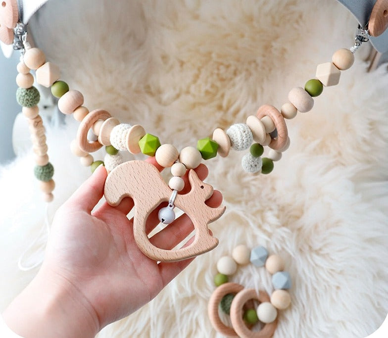 Green Squirrel Wooden & Silicone Baby Teether - Stroller Clip and Bracelet Toy Set (2Pcs)