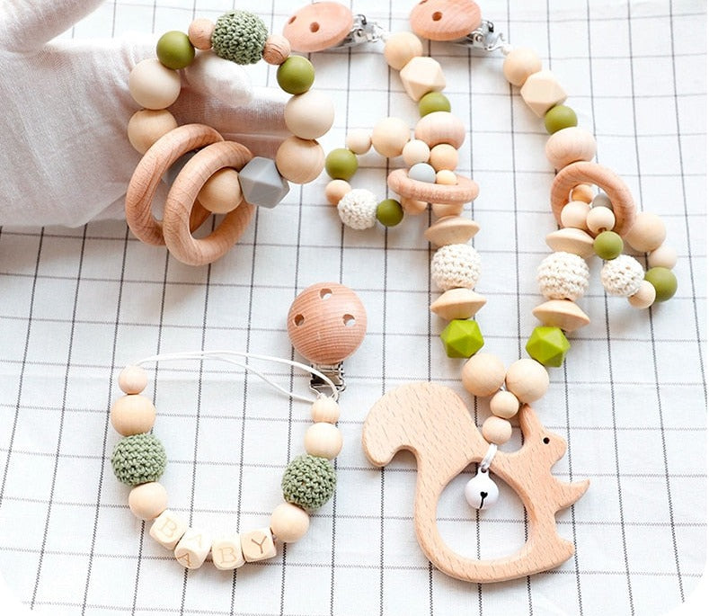 Baby Squirrel - Wooden, Crochet & Silicone Beads Baby Teether Toy - Stroller Clip, Pacifier Clip and Bracelet Toy Set (3)