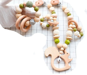 Green Squirrel Wooden & Silicone Baby Teether - Stroller Clip and Bracelet Toy Set (2Pcs)