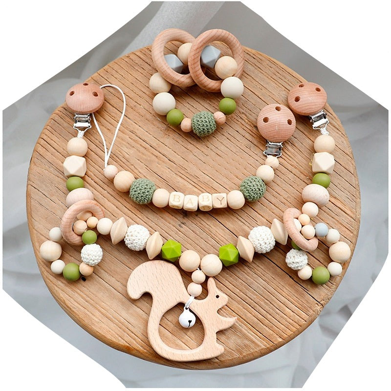 Baby Squirrel - Wooden, Crochet & Silicone Beads Baby Teether Toy - Stroller Clip, Pacifier Clip and Bracelet Toy Set (3)