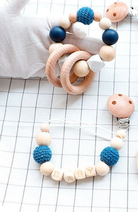 Blue - Wooden, Crochet & Food Grade Silicone Beads Baby Teether Toy - Pacifier Clip Chain and Teether Set (2)