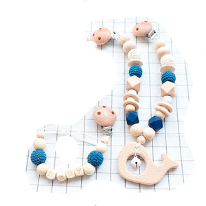 Baby Whale - Wooden, Crochet & Food Grade Silicone Beads Baby Teether Toy - Pacifier and Stroller Teether Clip Chain  Set (2)