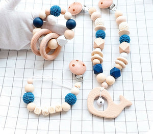 Baby Whale - Wooden, Crochet & Food Grade Silicone Beads Baby Teether Toy Stroller Clip, Pacifier Clip and Bracelet Toy Set (3)