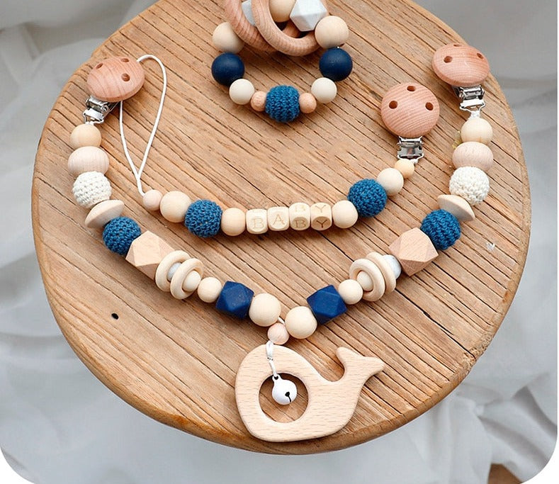 Baby Whale - Wooden, Crochet & Food Grade Silicone Beads Baby Teether Toy Stroller Clip, Pacifier Clip and Bracelet Toy Set (3)