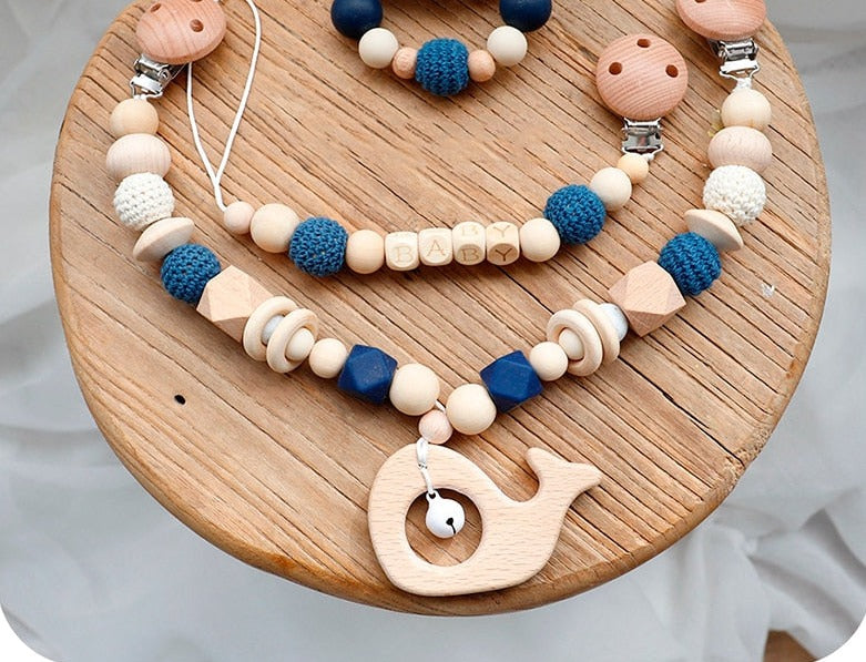 Baby Whale - Wooden, Crochet & Food Grade Silicone Beads Baby Teether Toy - Pacifier and Stroller Teether Clip Chain  Set (2)