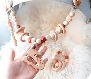 Baby Deer - Wooden, Crochet & Food Grade Silicone Beads Baby Teether Toy Stroller Clip, Pacifier Clip and Bracelet Toy Set (3)