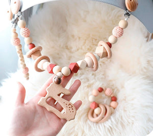 Baby Deer - Wooden, Crochet & Food Grade Silicone Beads Baby Teether Toy - Pacifier and Stroller Teether Clip Chain  Set (2)