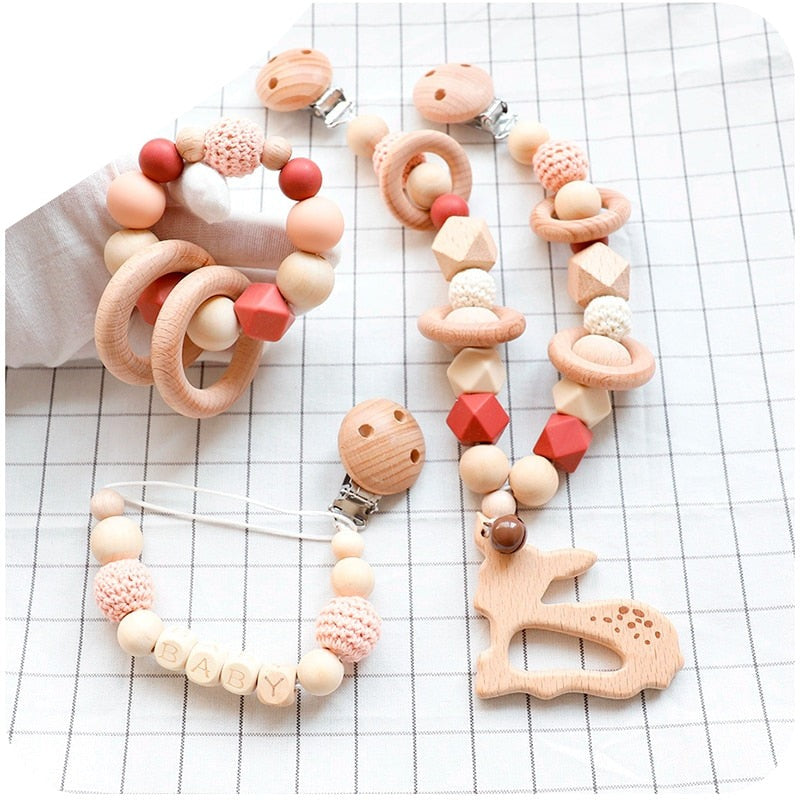 Baby Deer - Wooden, Crochet & Food Grade Silicone Beads Baby Teether Toy Stroller Clip, Pacifier Clip and Bracelet Toy Set (3)