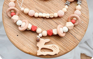 Baby Deer - Wooden, Crochet & Food Grade Silicone Beads Baby Teether Toy - Pacifier and Stroller Teether Clip Chain  Set (2)