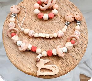 Baby Deer - Wooden, Crochet & Food Grade Silicone Beads Baby Teether Toy Stroller Clip, Pacifier Clip and Bracelet Toy Set (3)