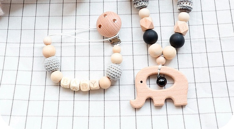 Baby Elephant - Wooden, Crochet & Food Grade Silicone Beads Baby Teether Toy - Pacifier and Stroller Teether Clip Chain  Set (2)