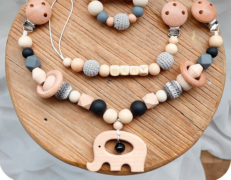 Baby Elephant - Wooden, Crochet & Food Grade Silicone Beads Baby Teether Toy - Pacifier and Stroller Teether Clip Chain  Set (2)