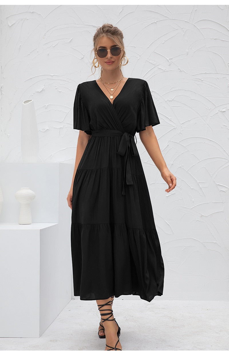 Black Vintage Solid Soft Silk High Waist Long Dress