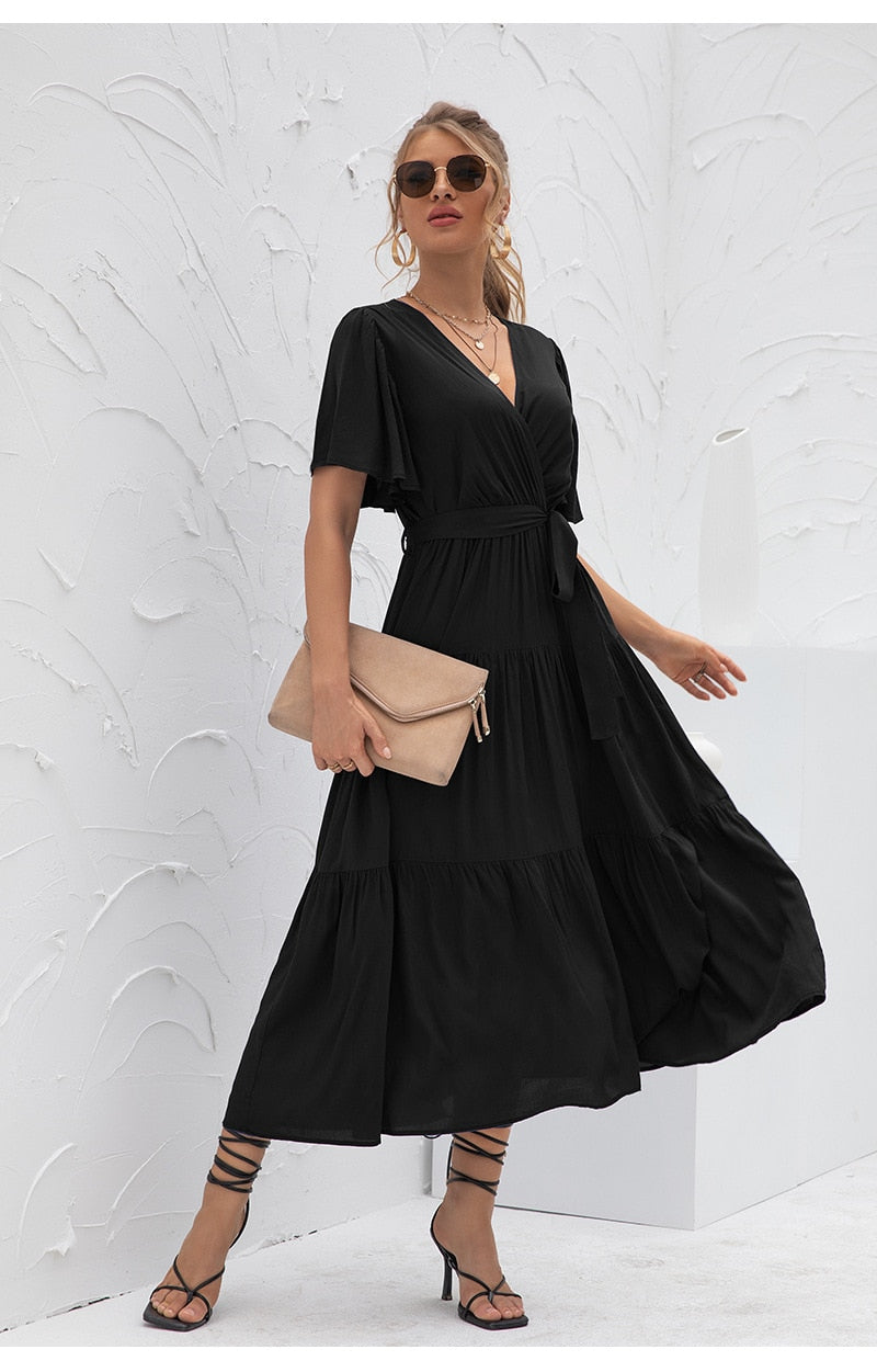 Black Vintage Solid Soft Silk High Waist Long Dress