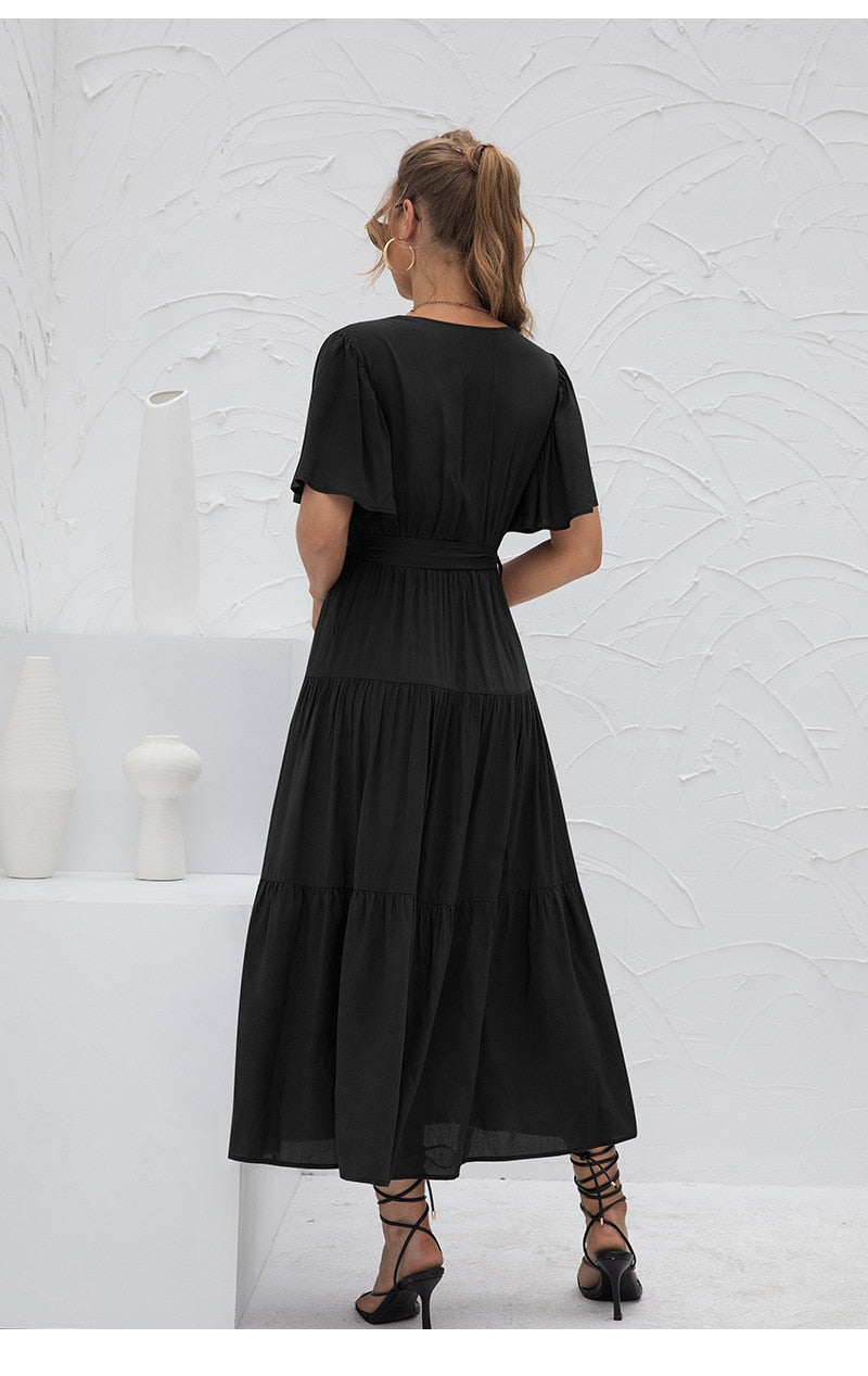 Black Vintage Solid Soft Silk High Waist Long Dress