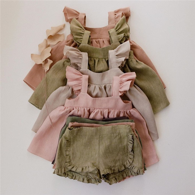 Cotton Linen Ruffles Lace Dress+Lace Shorts Suit Set (4 Colors)