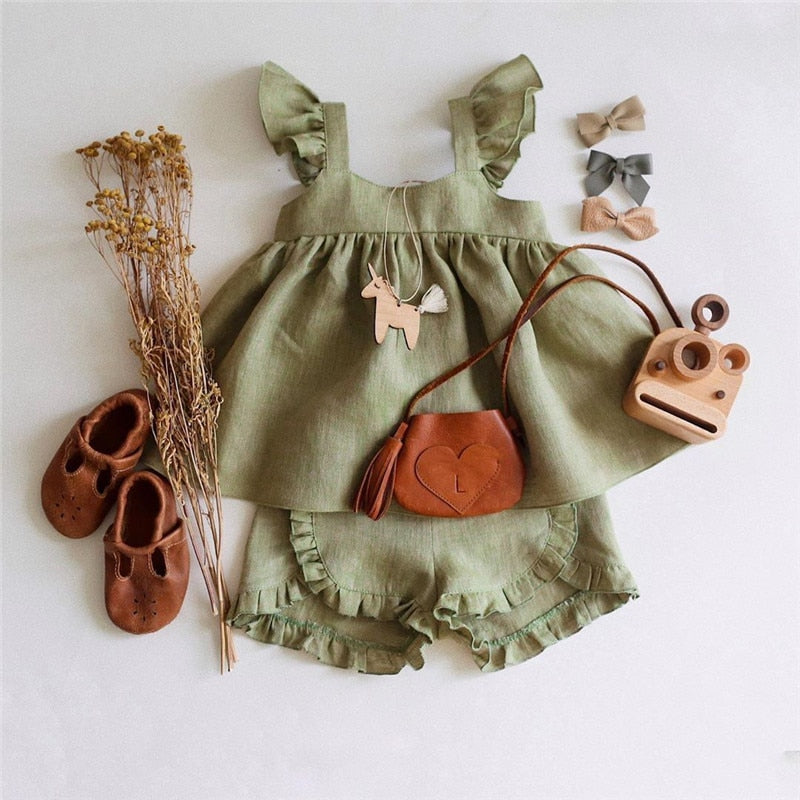 Cotton Linen Ruffles Lace Dress+Lace Shorts Suit Set (4 Colors)