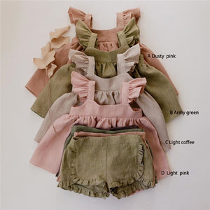 Cotton Linen Ruffles Lace Dress+Lace Shorts Suit Set (4 Colors)