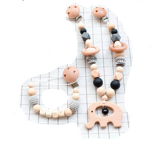 Baby Elephant - Wooden, Crochet & Food Grade Silicone Beads Baby Teether Toy - Pacifier and Stroller Teether Clip Chain  Set (2)