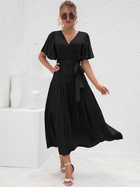 Black Vintage Solid Soft Silk High Waist Long Dress